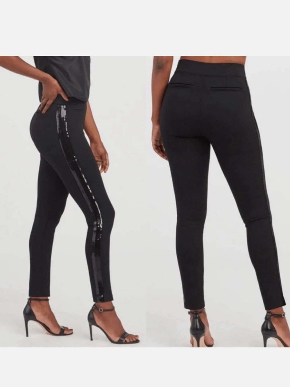 SPANX Ponte Ankle Skinny Sequin Tuxedo Stripe Classic Black 20288 R Sz M